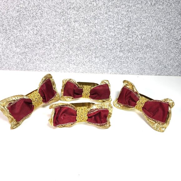 Vintage Brass & Fabric Bow Napkin Rings Deep Red Gold Taiwan - Picture 2 of 5